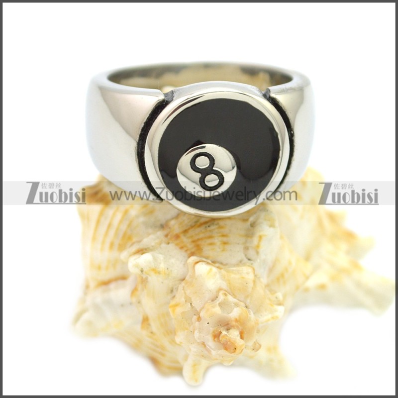 Stainless Steel Chunky Billiard Snooker Black 8 Ball Enamel Ring r008587SH