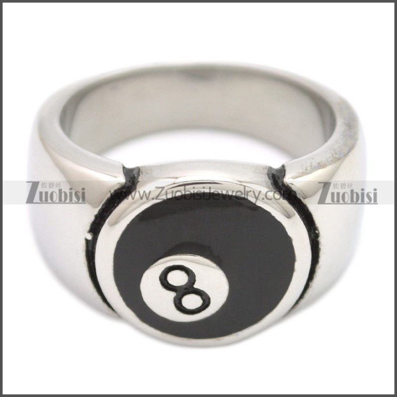 Stainless Steel Chunky Billiard Snooker Black 8 Ball Enamel Ring r008587SH