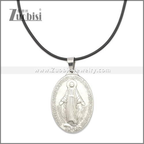 Rubber Necklace W Silver Plated Stainless Steel Virgin Mary Pendant n003180HS