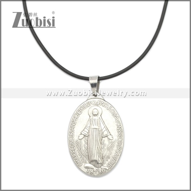 Rubber Necklace W Silver Plated Stainless Steel Virgin Mary Pendant n003180HS