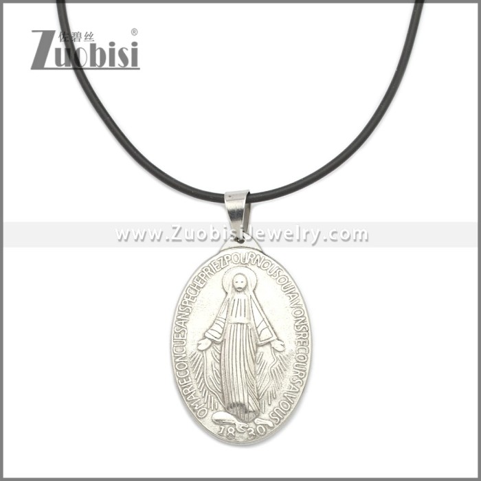 Rubber Necklace W Silver Plated Stainless Steel Virgin Mary Pendant n003180HS
