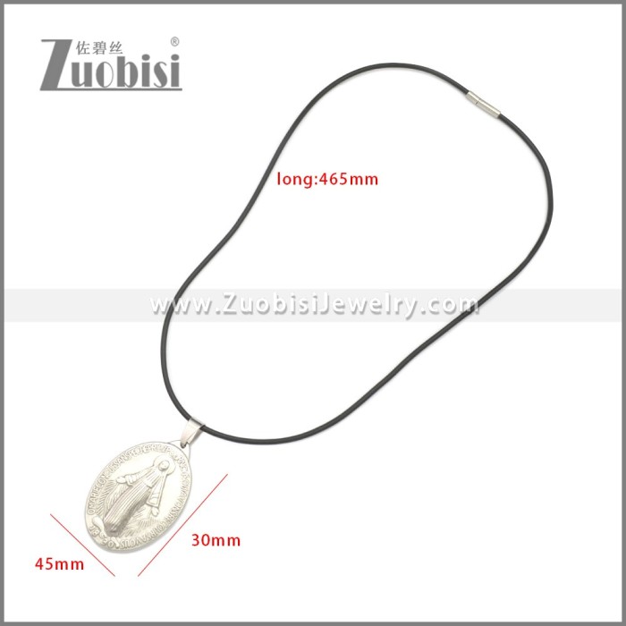 Rubber Necklace W Silver Plated Stainless Steel Virgin Mary Pendant n003180HS