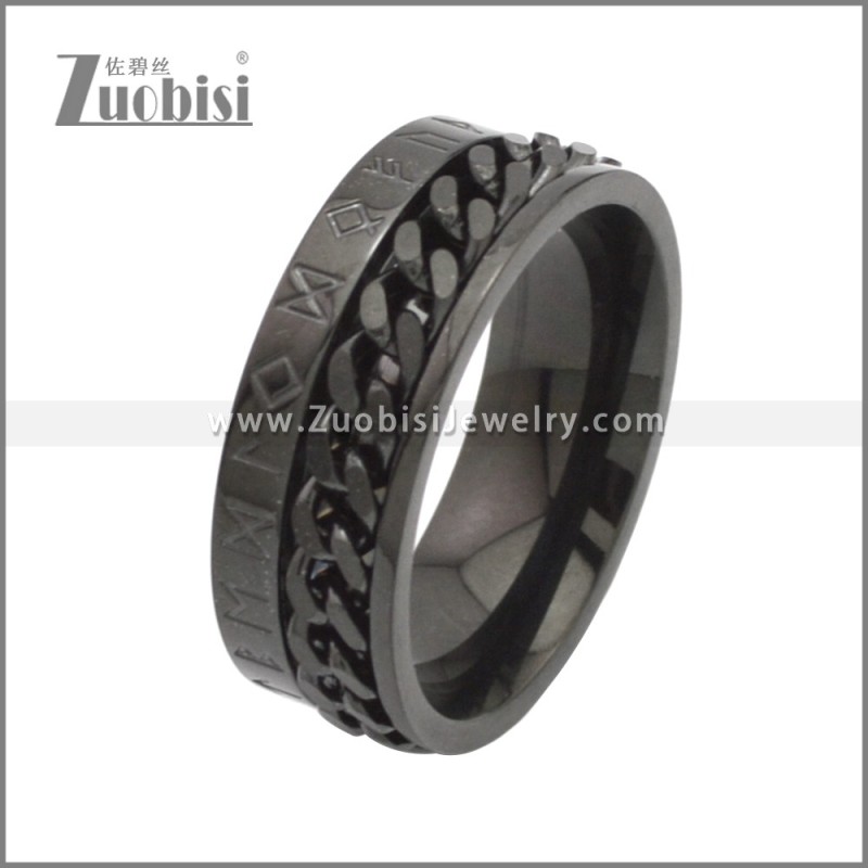 Black Cuban Link Rotating Norse Viking Symbol Ring for Men r008750H