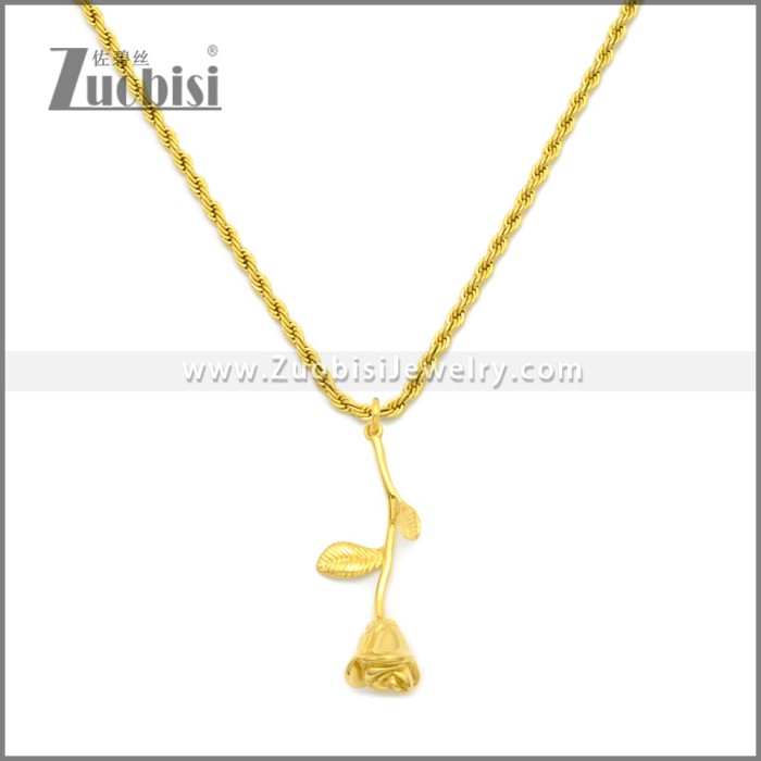 Golden Stainless Steel Rose Flower Style Pendant Party Necklace p010981G