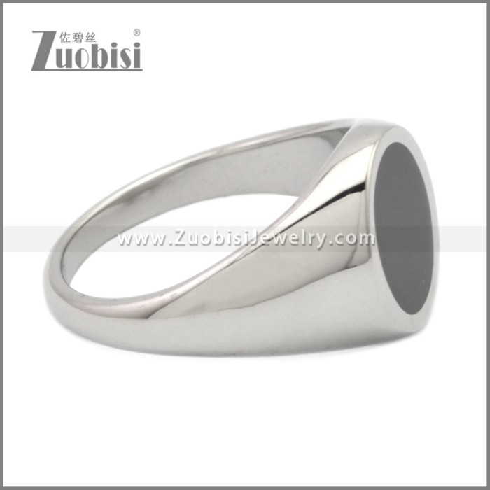 Shiny Silver Stainless Steel Black Enamel Ring r009056S2