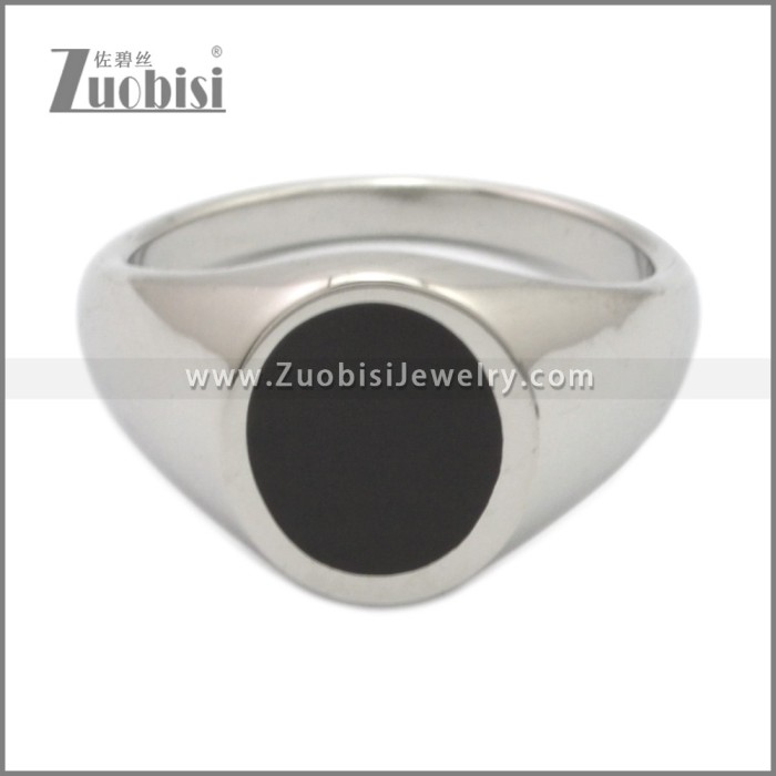 Shiny Silver Stainless Steel Black Enamel Ring r009056S2