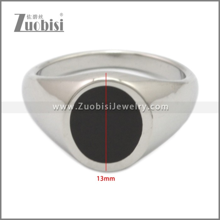 Shiny Silver Stainless Steel Black Enamel Ring r009056S2