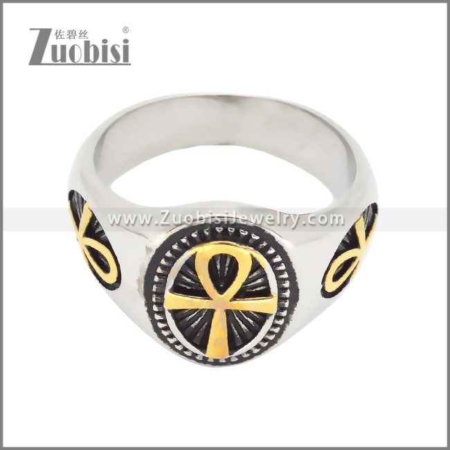 Bicolor Gold Ankh Silver Stainless Steel Signet Ring r009928SG