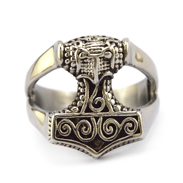 Vintage Silver Viking Valknut Raven Thor Hammer Finger Ring r003204