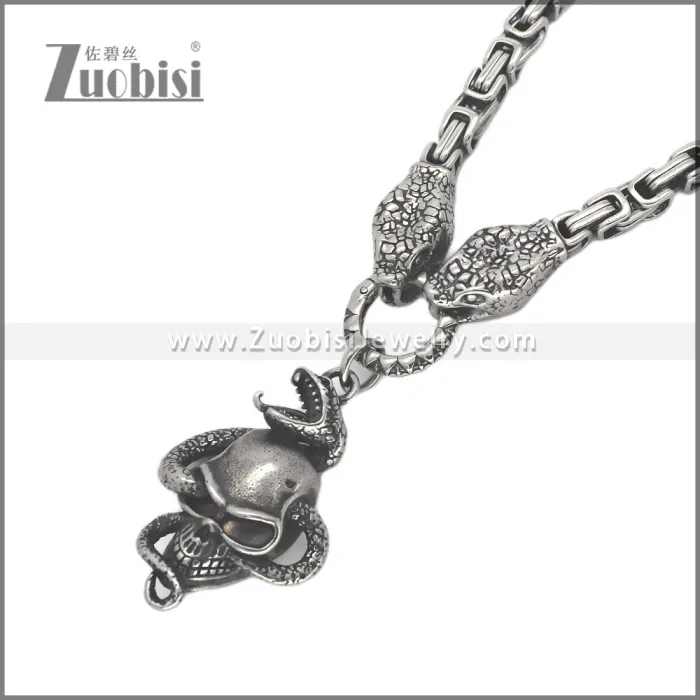 Stainless Steel Two Snake Heads Necklace with Big Skull Pendant n003670
