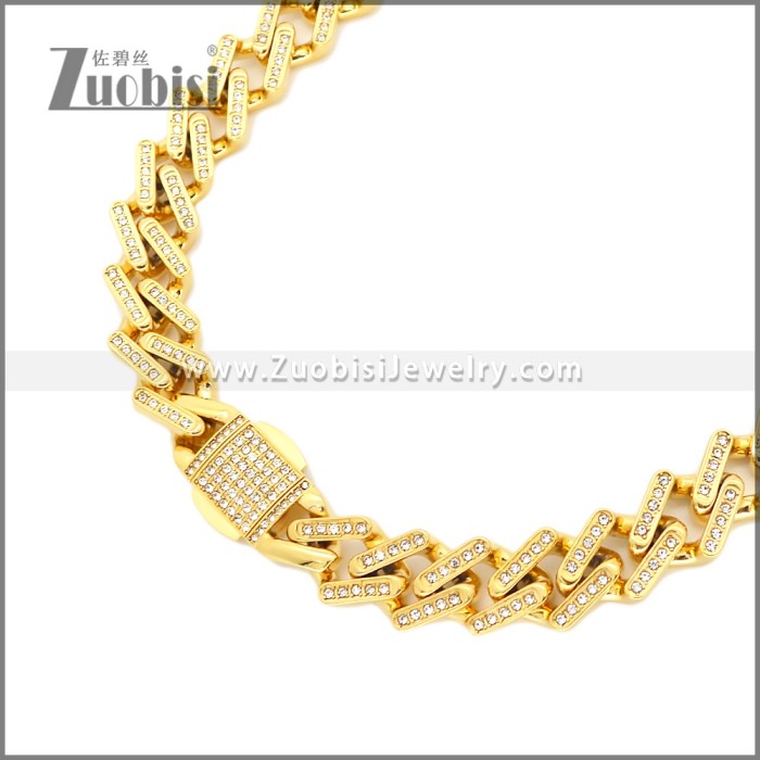14MM Wide Hip Hop Golden Stainless Steel Iced Out Chain Necklace n003653G