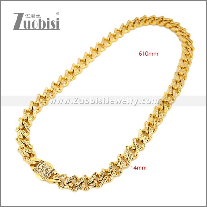 14MM Wide Hip Hop Golden Stainless Steel Iced Out Chain Necklace n003653G