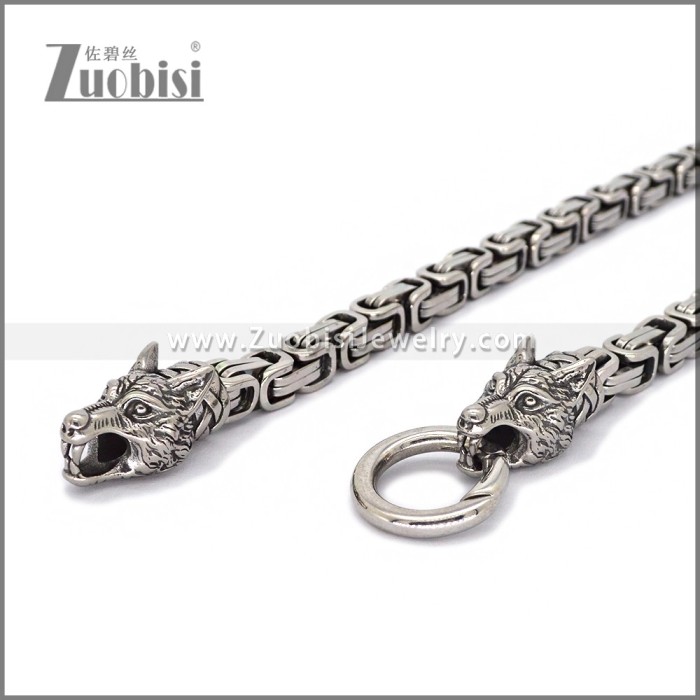 8MM Byzantine Chain Wolf Heads Necklace Men Stainless Steel n003678S