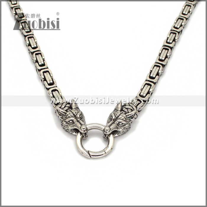 8MM Byzantine Chain Wolf Heads Necklace Men Stainless Steel n003678S