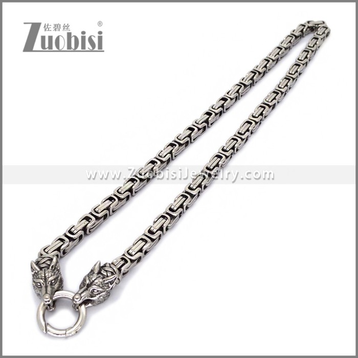 8MM Byzantine Chain Wolf Heads Necklace Men Stainless Steel n003678S