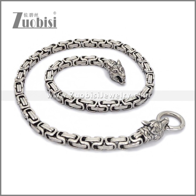 8MM Byzantine Chain Wolf Heads Necklace Men Stainless Steel n003678S