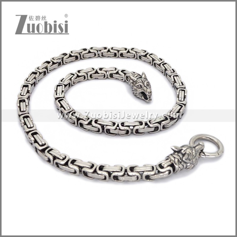 8MM Byzantine Chain Wolf Heads Necklace Men Stainless Steel n003678S