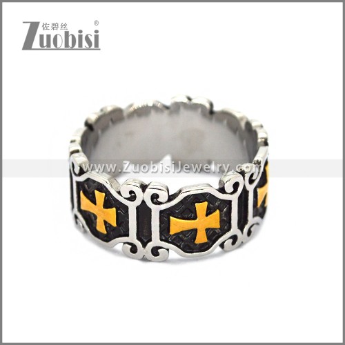 Retro Silver Stainless Steel Waterproof Ring w Golden Latin Cross r010509SG