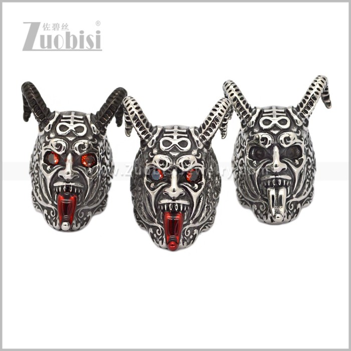 Antique Finish Stainless Steel Horned Devil Ring with Red Eyes & Tongue r011025SR