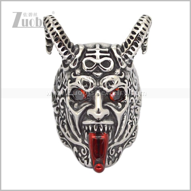 Antique Finish Stainless Steel Horned Devil Ring with Red Eyes & Tongue r011025SR