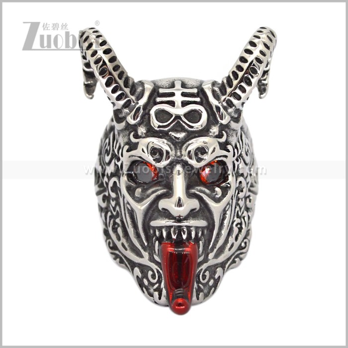 Antique Finish Stainless Steel Horned Devil Ring with Red Eyes & Tongue r011025SR