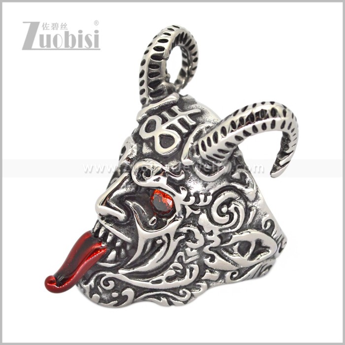 Antique Finish Stainless Steel Horned Devil Ring with Red Eyes & Tongue r011025SR