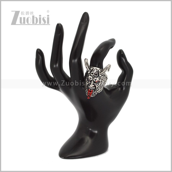 Antique Finish Stainless Steel Horned Devil Ring with Red Eyes & Tongue r011025SR