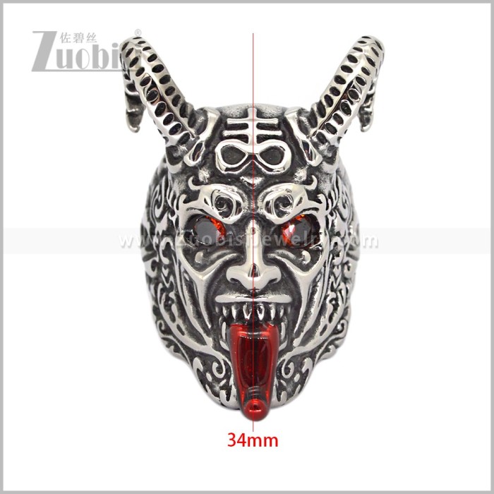 Antique Finish Stainless Steel Horned Devil Ring with Red Eyes & Tongue r011025SR