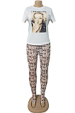 Figure Graphic Print T-shirt Blouse & Words Print Skinny Leggings AL096