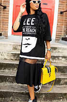 White Casual Polyester Letter Half Sleeve Round Neck Spliced High Waist Long Dress AL106