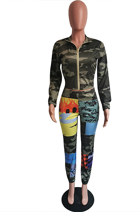 Casual Basics Stand Collar Long Sleeve Camo Pants Sets