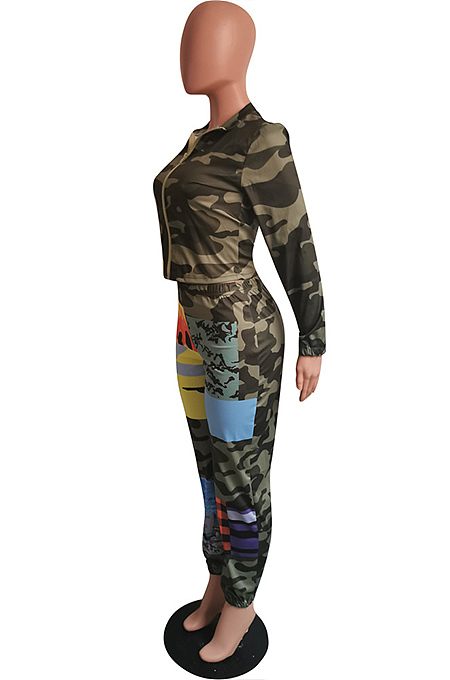 Casual Basics Stand Collar Long Sleeve Camo Pants Sets