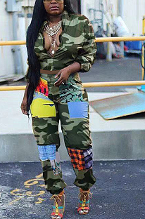 Casual Basics Stand Collar Long Sleeve Camo Pants Sets