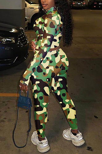 Casual Sporty Camo Long Sleeve Crop Top Long Pants Sets HYY8007