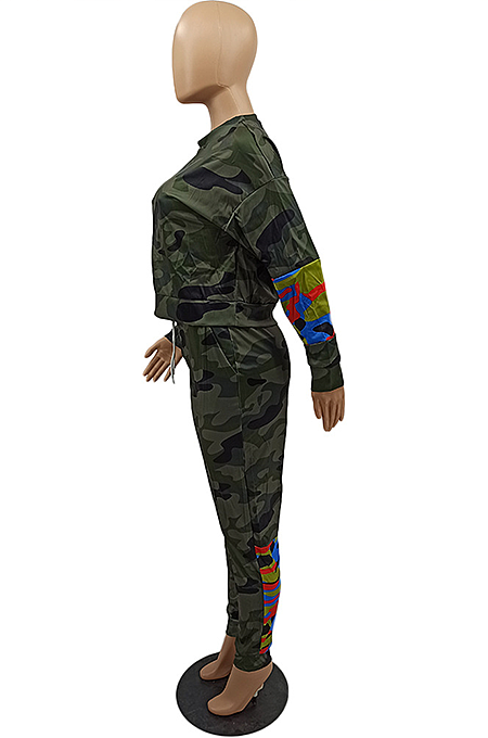 Casual Modest Camo Long Sleeve Round Neck Long Pants Sets