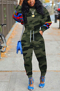 Casual Modest Camo Long Sleeve Round Neck Long Pants Sets