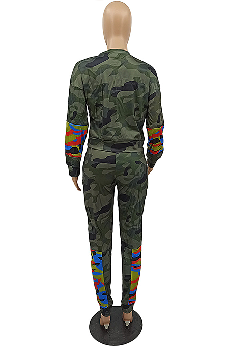 Casual Modest Camo Long Sleeve Round Neck Long Pants Sets
