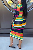 Casual Polyester Striped Camo Long Sleeve Long Dress WT9036