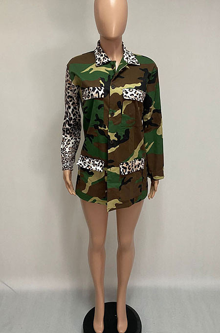 Casual Camo Long Sleeve Spliced Leopard Coat Exclude From Belt Q715