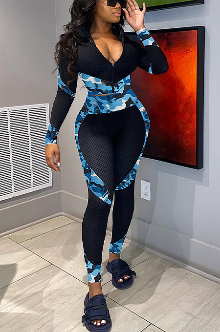 Casual Sporty Sexy Camo Long Sleeve Deep V Neck Sets YZL819