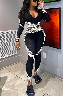 Casual Sporty Sexy Camo Long Sleeve Deep V Neck Sets YZL819