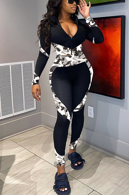 Casual Sporty Sexy Camo Long Sleeve Deep V Neck Sets YZL819
