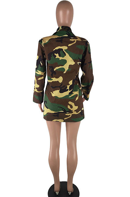 Womenswear Long Camo Coat Frock Casual Long Sleeve Coat Q8045