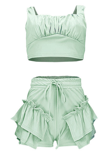 Pure Color Agaric Edge Bind Vest Shorts Sets GL6353