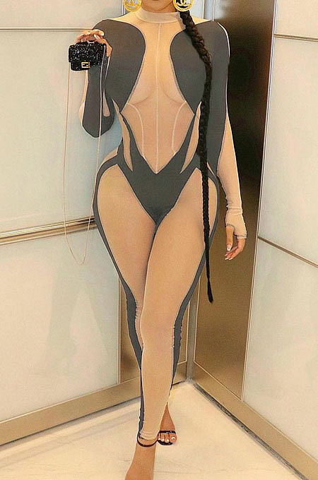 Spliced Net Yarn Perspective Bodycon Jumpsuits YM169