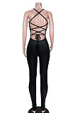 Pure Color Sexy Rib-Knit Bind Halterneck Slip Bodycon Jumpsuits GL6336