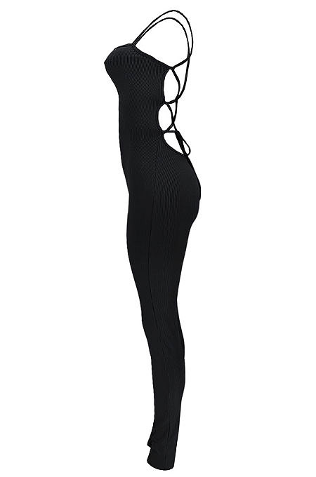 Pure Color Sexy Rib-Knit Bind Halterneck Slip Bodycon Jumpsuits GL6336