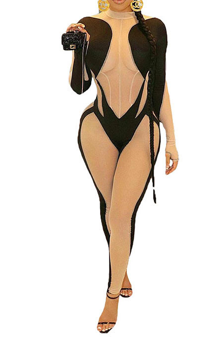 Spliced Net Yarn Perspective Bodycon Jumpsuits YM169