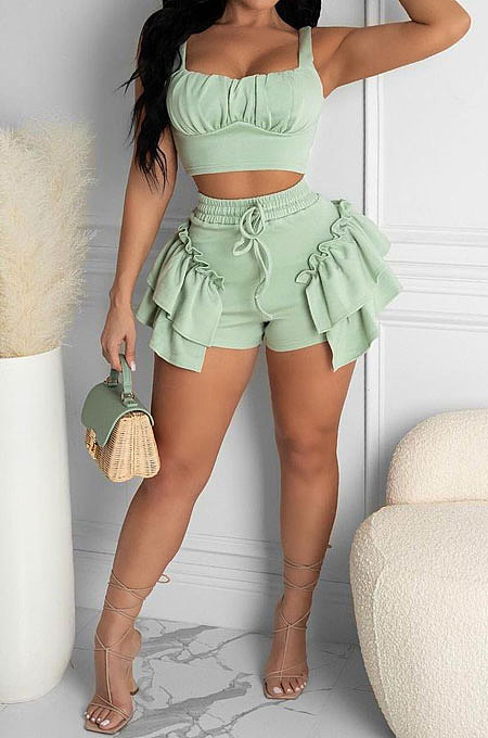 Pure Color Agaric Edge Bind Vest Shorts Sets GL6353