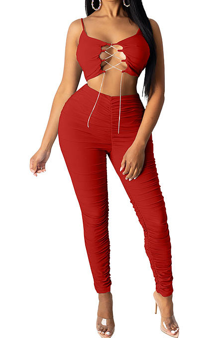 Pure Color Rufflle Hollow Out Pants Sets XQ1095